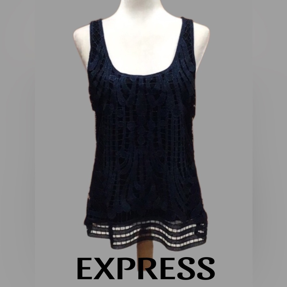 EXPRESS Black Tank Top with Blue Metallic Cut-Out Design Overlay, Size Large